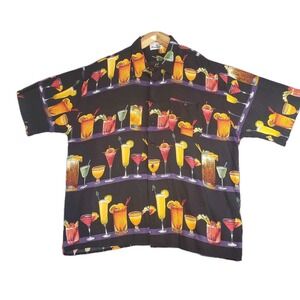 Vintage 90s XXL Monticerutti Black Hawaiian Shirt Rayon Drinks Cocktail Tiki Bar